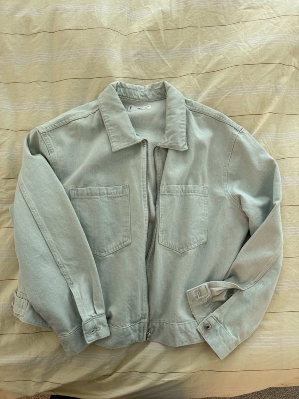 Mango Light Sage Zip-Front Jean Jacket